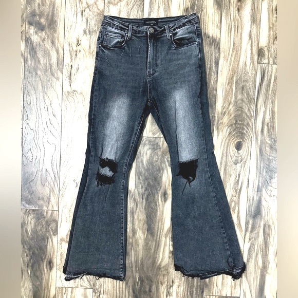 Risen Denim - Risen Black Vintage Wash Distressed Flare Leg Jeans Sz 30
